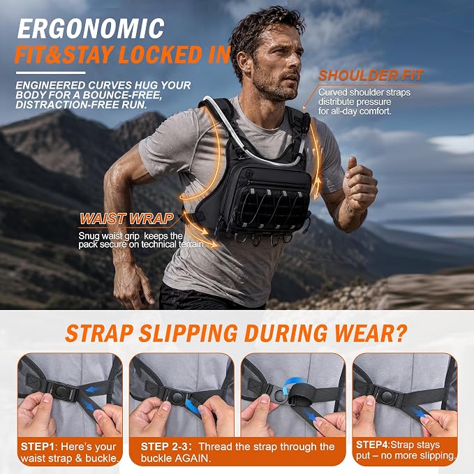 BECOJADDE Running Vest for Men with 2L Water Bladder Tactical Hydration Backpack Adjustable Lightweight Chest Pack for Marathon Hunting Cycling