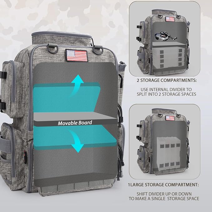 Fishing Backpack, Fishing Tackle Backpack with Rod Holders for 4 Boxes (Box Not Included) 45L Waterproof Fishing Gear, Ideal for Men and Women Tackle Box Bag (Storm Gray)
