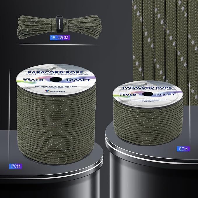 Paracordland-750LB Reflective Rope-100ft/500ft/1000ft- 9 Strand Parachute Spool Cord Heavy Duty String Ideal for Survival Gear Bracelet Camping Hikig Fishing-Reflective Green-1000FT