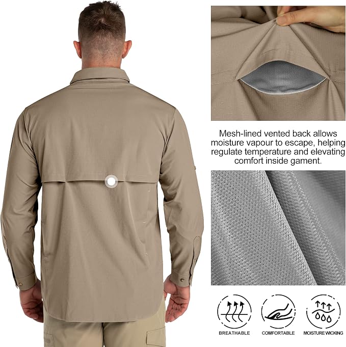 33,000ft Men's UPF 50+ UV Protection Long Sleeve Hiking Shirts Breathable Quick Dry Fishing Shirts for Safari, Outdoor