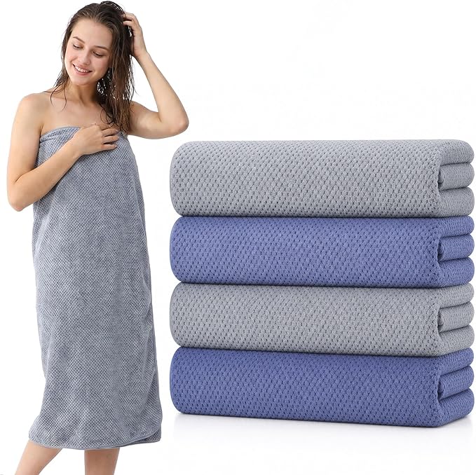 4 Pack Microfiber Bath Towels, 36 X 67 Inches Extra Large Bath Towels, Super Absorbent Soft Fast Drying Oversized Towel for Bathroom Gym Travel Pool Grey and Deep Blue