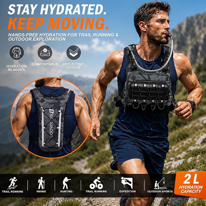 BECOJADDE Running Vest for Men with 2L Water Bladder Tactical Hydration Backpack Adjustable Lightweight Chest Pack for Marathon Hunting Cycling
