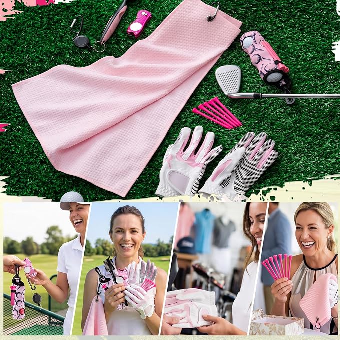 14 Pcs Pink Golf Accessories Set for Women, Golf Glove (fits 6.5 to 6.7" Hand, M/L), Microfiber Towel, Ball Bag with Clip, Tees, Magnetic Ball Marker, Divot Tool & Club Cleaning Brush