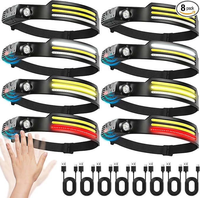 Headlamp Rechargeable 8-Pack，LED Head Torch with 8 Light Modes (White/Yellow/Red + Spotlight), Motion Sensor & Hands-Free Headband, USB Rechargeable for Camping, Running & Repairs, Fishing, Cycling