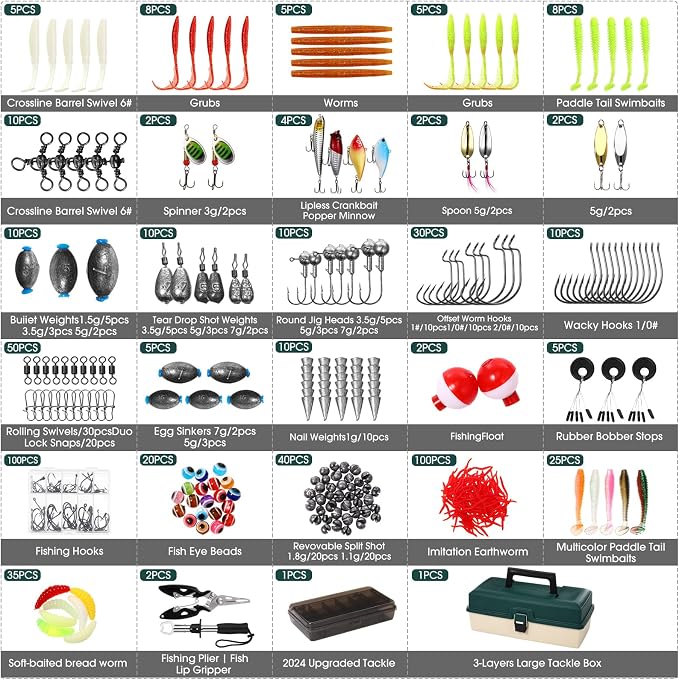 517 Pcs Large 3 Layers Tackle Box with Tackle Fishing Lures Kit Included Pliers, Fish Lip Gripper, Crankbait, Hooks, Other Accessories Fishing Kit for Men Gifts Summer Vacation(Dark Green Milky White)