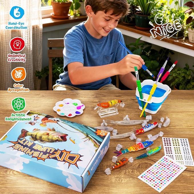 THKFISH DIY Fishing Lure Kit - Kid-Friendly Lure Making kit Customizing Lures, Includes Paint & Brushes, Perfect Fishing Gifts and Crafts for Kids, Tackle Box Must-Have (10PCS)