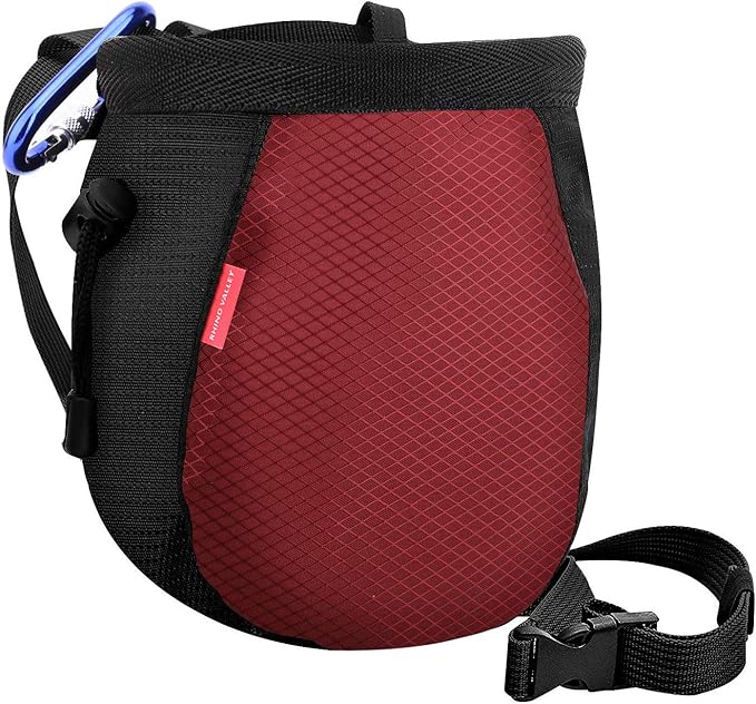 Rhino Valley Climbing Chalk Bag, No Leak Drawstring Chalk Bag with Adjustable Belt, Carabiner Clip and Zippered Pockets Chalk Bag for Rock Climbing, Cross Fit, Weight Lifting & More