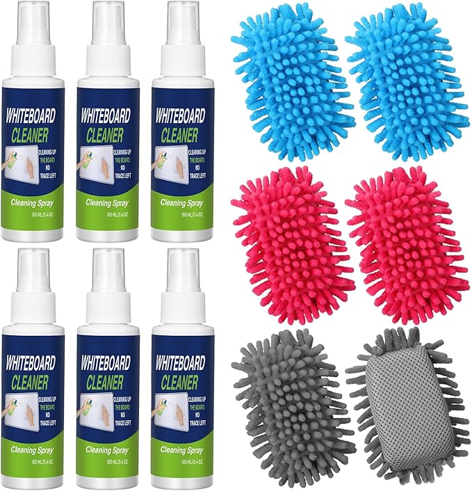 Fuyoooo 6 Pack Whiteboard Cleaner 3.4 Fl oz White Board Cleaning Spray Dry Erase Board Cleaner with Microfiber Shag Whiteboard Eraser Removes Stubborn Marks from Chalkboard(Colorful)