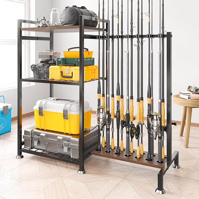 SOYEEZE Fishing Rod Holder for 14 Rods, Ground Stand Fishing Pole Holders for Garage, 2-Sided Vertical Fish Rod Rack for Tackle Box, Fishing Supplies,a Display Fish Gear Storage Gift for Man