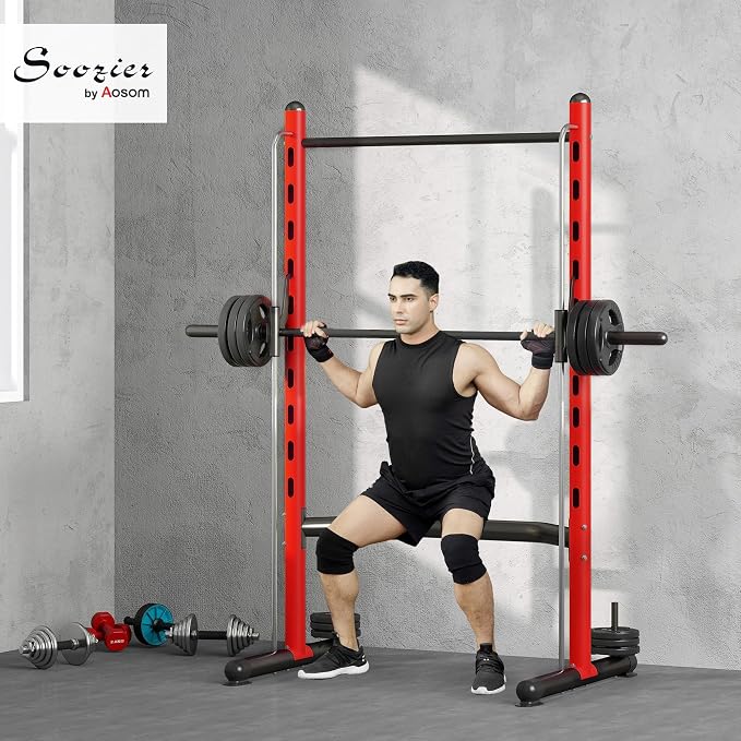Soozier Squat Rack with Pull-Up Bar, Adjustable Power Rack with Barbell Bar, Multi-Functional Steel Bench Press Rack for Home Gym Strength Training, Black
