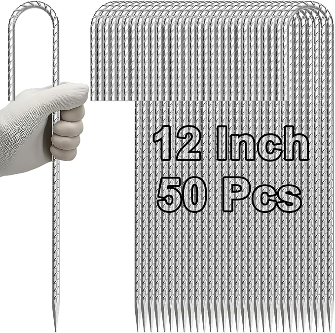 VVOKGO Rebar-Stakes-12-Inch J Hook Galvanized Tent Stakes Heavy Duty, 50-Pack Ground Chain Link Fence Anchors with Chisel Point End for Gazebo, Camping Tents, Outdoor Inflatables Decorations