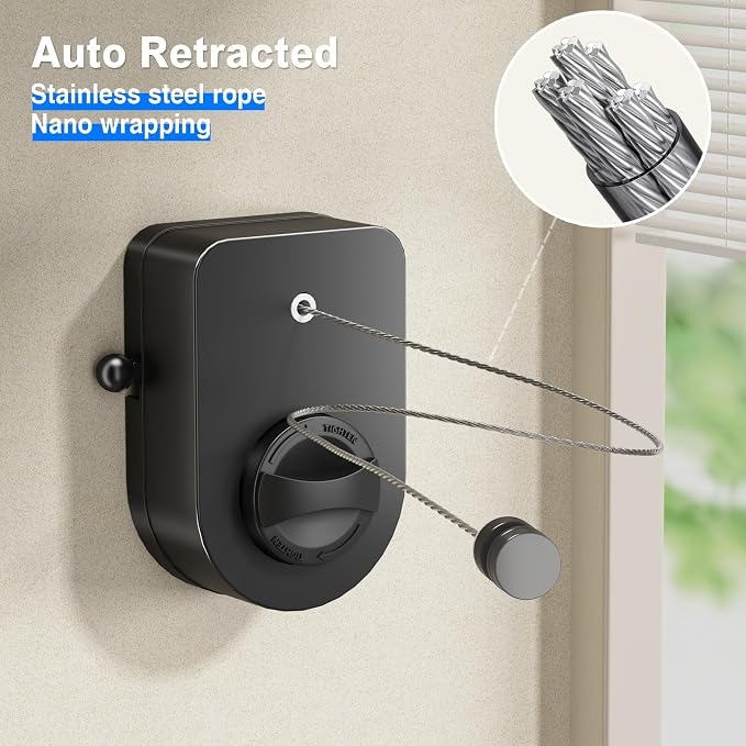 Mustorn Retractable Clothesline Indoor, Non-Sagging Outdoor Clothes Line Retracting Heavy Duty Clothes Drying Laundry Line Wall Mounted Stainless Steel Line-13.8 Feets (Single Line-Black)