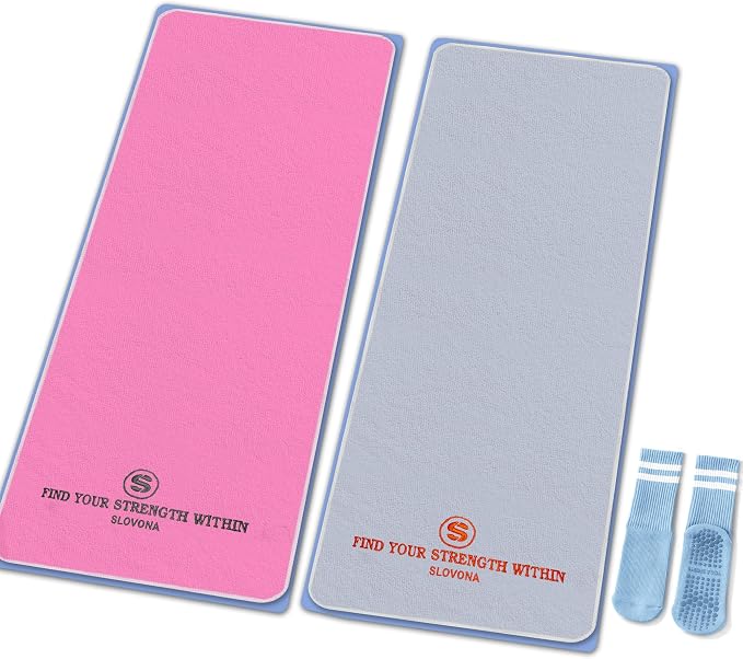 2 Pack Upgraded Yoga Mat Towel with Bonus Grip Socks Elegant Embroidered, 1-Second Sweat Absorption & Non-Slip | Machine Washable Microfiber | Hot Yoga, Pilates | 73''*27.6''| Gray+Pink