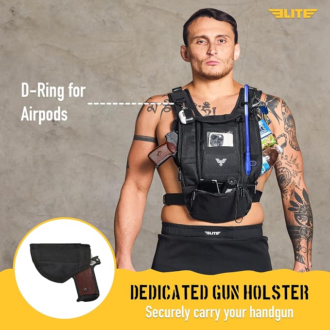 Elite Hydra Running Chest Pack w/ Gun Holster, Phone Holder Touch Friendly, Camera Pocket for Men/Women Lightweight Hydration Vest Chest Rig w/ Water Bladder for Marathon, Cycling, ADV Camping, Skiing