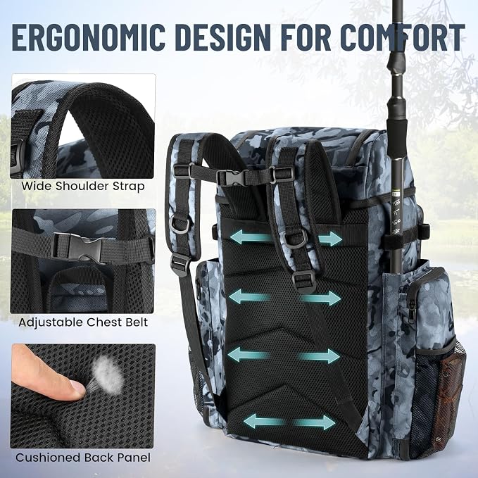 VJI Fishing Tackle Backpack with Rod Holder, Large Tactical Backpack, Fishing Gear Tackle Box Tactical Backpack, Water Resistant Sport Bag and Equipment