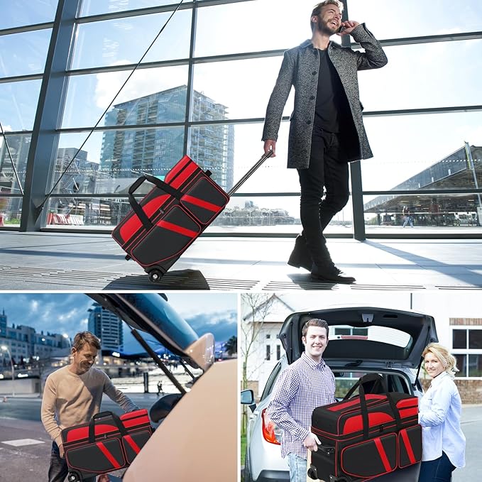 3 Ball Bowling Roller Bag with Smooth Wheels & Shoe Compartment, Heavy Duty 3 Ball Bowling Bag with Retractable Handle, Large Capacity Bowling Bag with Multi-pockets for Tournament, Travel, League