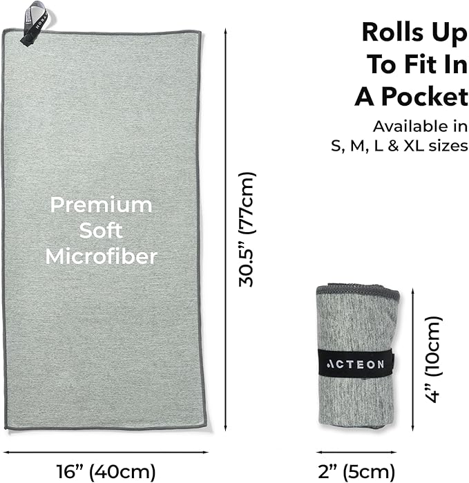 Acteon Microfiber Quick Dry Gym Towel, Silver ION Odor-Free Mega Absorbent Fiber Fast Drying Men Women Workout Gear for Body Sweat, Camping, Working Out Travel Towels – 3 Pack, 30x16, Heather Grey