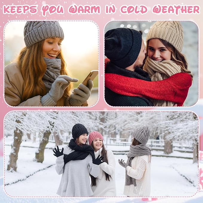 16 Pcs Women Hat Scarf Gloves Ear Muffs Set Winter Knitted Pom Beanie Hats Scarf Touch Screen Gloves for Men Adult Homeless
