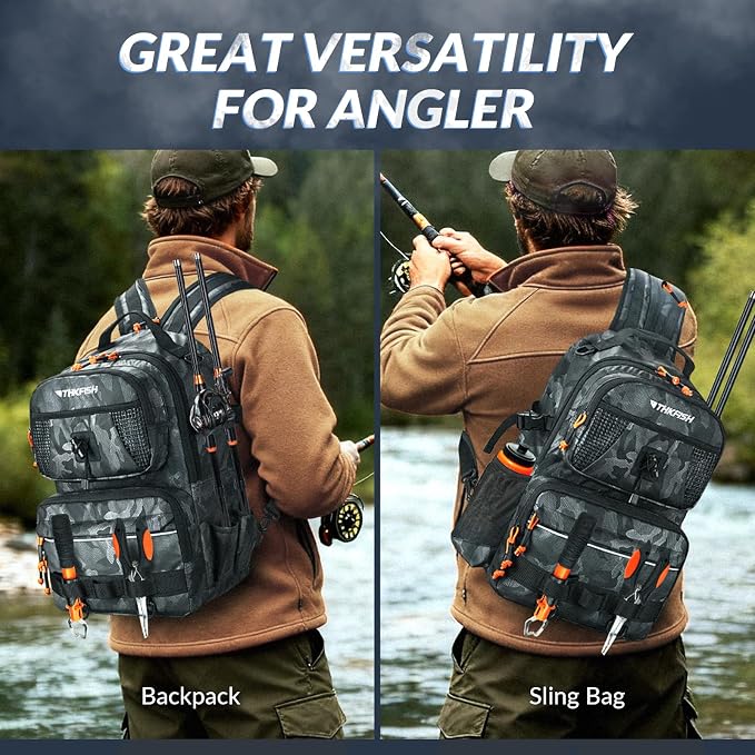THKFISH Fishing Backpack Tackle Sling Bag, 20L Tackle Backpack with Rod Holder Store Fishing Gear, Gifts for fishermen