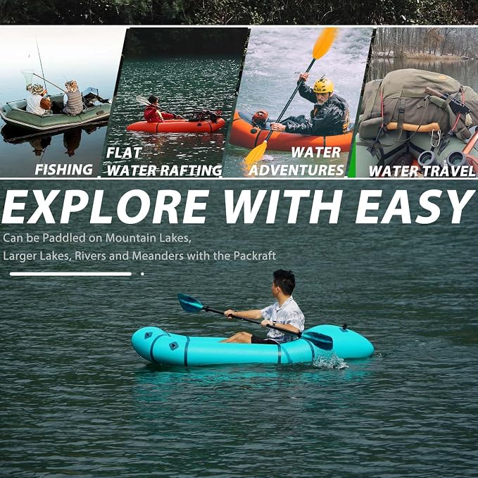 PVC Packrafts,1 Person Packraft for Flat Water Rafting Camping Trip/Fishing/Water Adventures, Travel Kayak with Two-Way Manual Pump, 300lb Weight Capacity