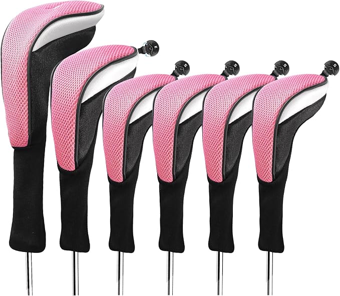 Golf Club Head Covers for Woods Driver Fairway Hybrids Value 6 Pack, Long Neck for Serious Protection with Interchangeable Tags 3 4 5 7 X, Headcovers for Men Women in Black & Pink