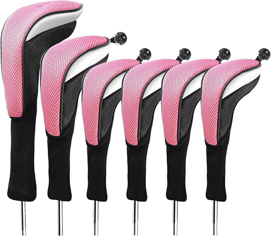 Golf Club Head Covers for Woods Driver Fairway Hybrids Value 6 Pack, Long Neck for Serious Protection with Interchangeable Tags 3 4 5 7 X, Headcovers for Men Women in Black & Pink
