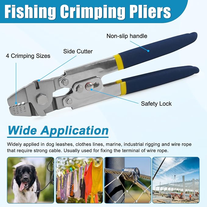 Fishing Crimping Tool Kit Stainless Steel Crimp Pliers Wire Rope Crimping Tool + 590pcs Crimp Sleeves Beads Kit,8 Crimping Sizes