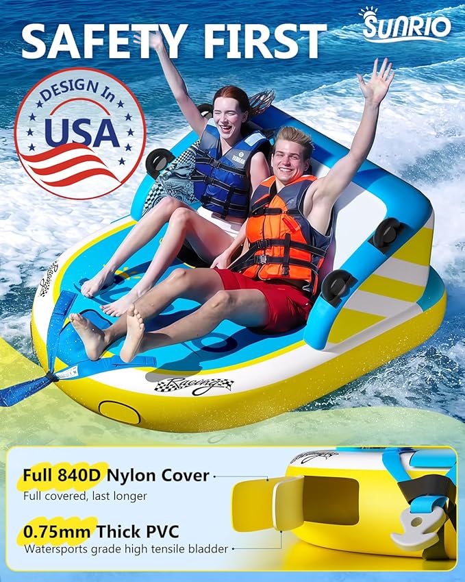 2025 Upgrade Towable Tubes for Boating 1-3 Riders Inflatable Water Sport Towable Tube for Boat Heavy Duty Nylon Cover with Zipper Bolster Fins Safety Air Valve Padded Handle