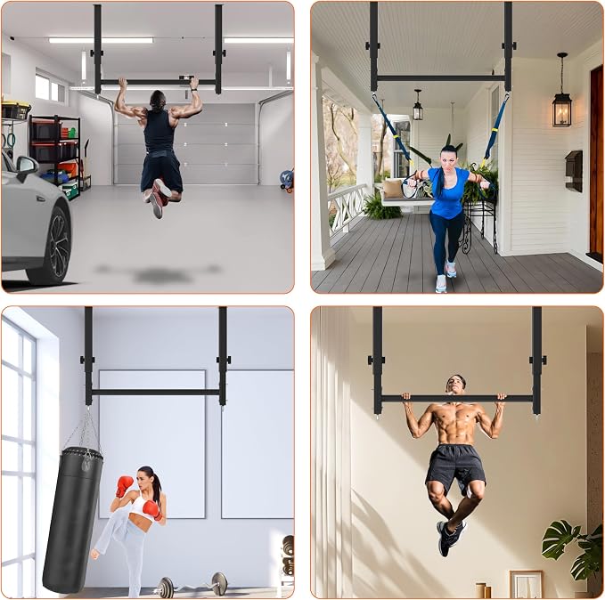 48" Ceiling Mount Pull Up Bar, Heavy Duty Multi-Grip Rafter Chin Up Bar for Garage/Basement/Backyard Ceiling Beam, Adjustable Height&Supports to 650 Lbs