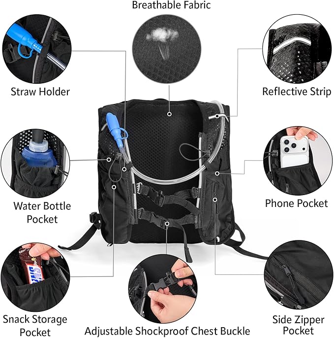 HIPONY Hydration Backpack with 2L Leak-Proof Water Bladder, Lightweight Running Hydration Pack, Adjustable Vest Style Water Backpack for Hiking, Cycling and Trail Running