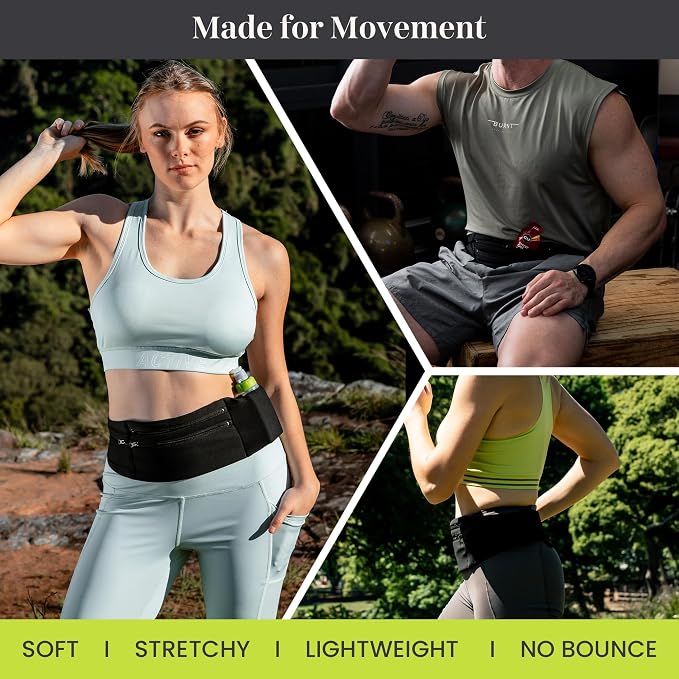 StashBandz Adjustable Running Belt and Travel Money Belt - 3 Large Zippered Pockets + Water Bottle Holder, No-Bounce Fanny Pack with Key Clip, Fits Any Size Phone, Passport & More, Black, X-large