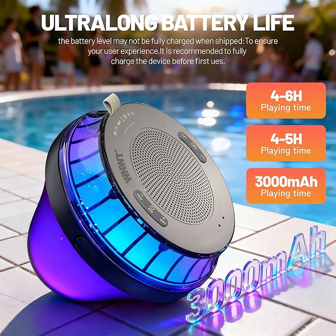 Floating Speaker for Pool, IPX7 Waterproof Floating Hot Tub Speaker with Colorful Lights, 15W Stereo Loud Sound, TWS, Portable, Wireless Must Have Gifts for Shower, Spa, Beach