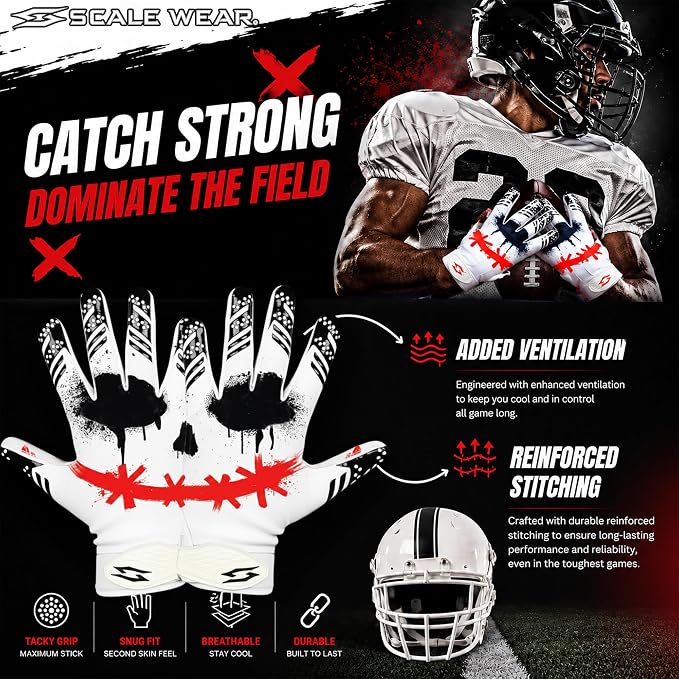 Jester Football Receiver Gloves White – White with Red Joker Smile Battle College Lineman Tacky Pro Grip Palms Football Gloves Men Adult Youth Kids Boys Unleash Your Venom