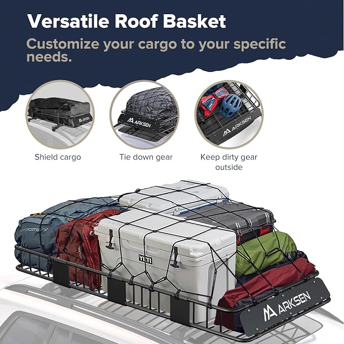 ARKSEN 84" x 39" x 6" Roof Rack Basket with Extension, 2 Cargo Net & Ratchet Straps, 150 lb Heavy-Duty Steel Cargo Carrier, Fits Crossbars up to 1.38" Thick, for SUV & Pickup Truck