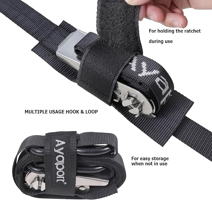 Ayaport Stainless Steel Ratchet Tie Down Straps with Hooks 10ft Heavy Duty Ratcheting Tie Downs for Motorcycle, Roof Rack, Dirt Bike, Truck (Black, 1" x10'-2pcs)