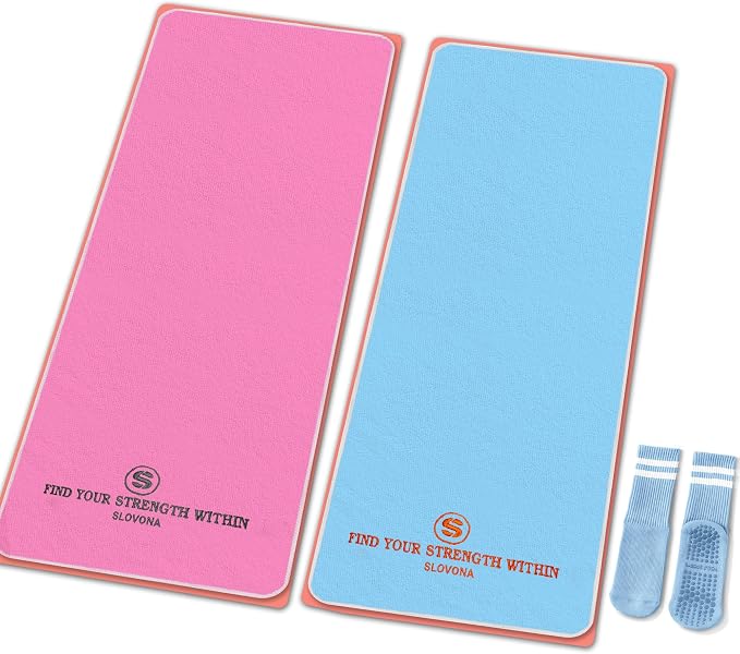 2 Pack Yoga Mat Towels with Bonus Grip Socks, Sky Blue + Rose Pink | Elegant Embroidered, 1-Second Sweat Absorption & Non-Slip | Machine Washable Microfiber | Hot Yoga, Pilates | 73''*27.6''