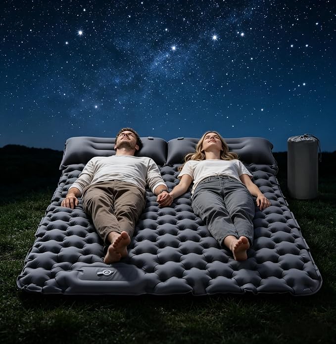 Double Sleeping Pad for Camping - 4" Extra Thick Self Inflating Air Mattress for 2 Person with Built-in Pillow & Foot Pump, Waterproof Inflatable Sleeping Mat for Backpacking Tent Hiking Travel