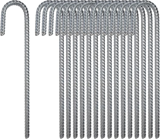 Pinnacle Mercantile 16 Pack Anti Rust Rebar Stakes J Hook Heavy Duty Galvanized Steel Ground Anchors 12 inch Long 3/8 inch Round Chisel Point End Made USA