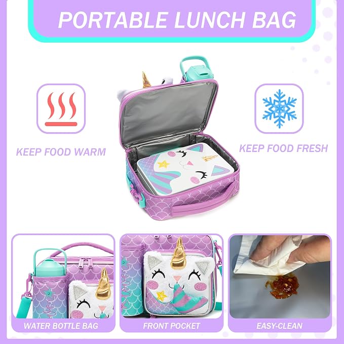 Unicorn Lunch Box for Girls Bento Box for Kids with Ice Pack,Stainless Steel Water Bottle Set Utensils Set Food Container for School Girls Kids Back to School Supplies