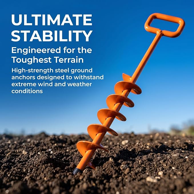 15in Screw in Tent Stakes for 2026 - Ground Anchors Screw in(Orange,12PCS) | Tent Stakes Heavy Duty with drill adapter and 30ft nylon rope; for tent anchors and heavy duty ground anchoring