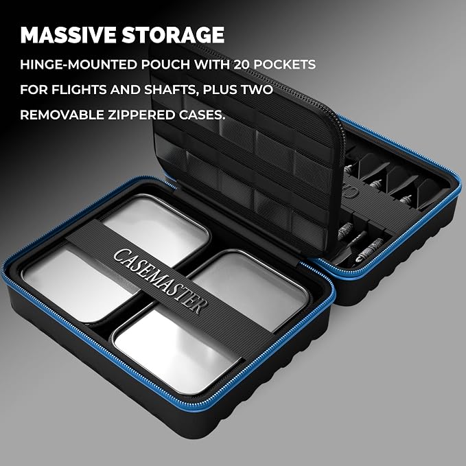 Casemaster Maxx 4 Dart Case, Holds 12 Steel Tip or Soft Tip Darts Fully Assembled, Hard Shell EVA Darts Case, 20 Accessory Pockets, Blue