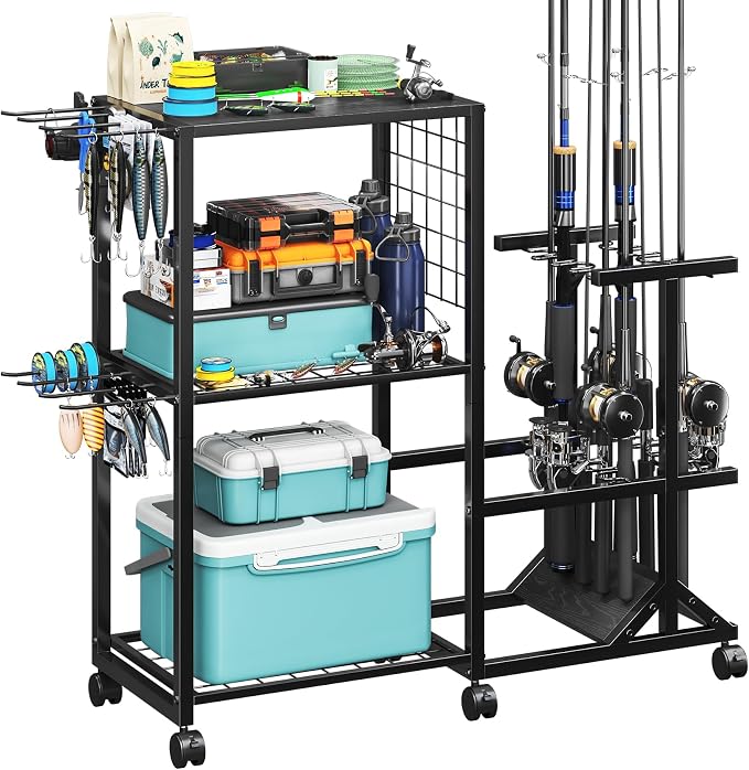 TC-HOMENY Fishing Rod Holders for Garage with Lockable Wheels, Heavy Duty Fishing Pole Rack Cart Holds Up to 10 Rods, Large Fishing Tackle Gear Organizer Storage rack for Room, Garage, Basement, Black