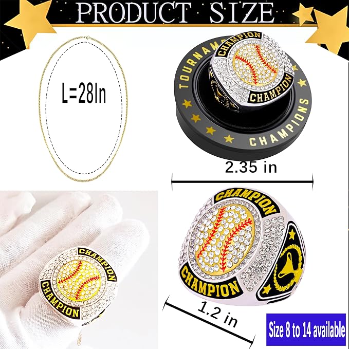 12 Pcs Baseball Championship Ring Softball Ring Sport Ball Trophy Award Gift with Display Neck Chain and Stand for Tournament or League Champion Winner