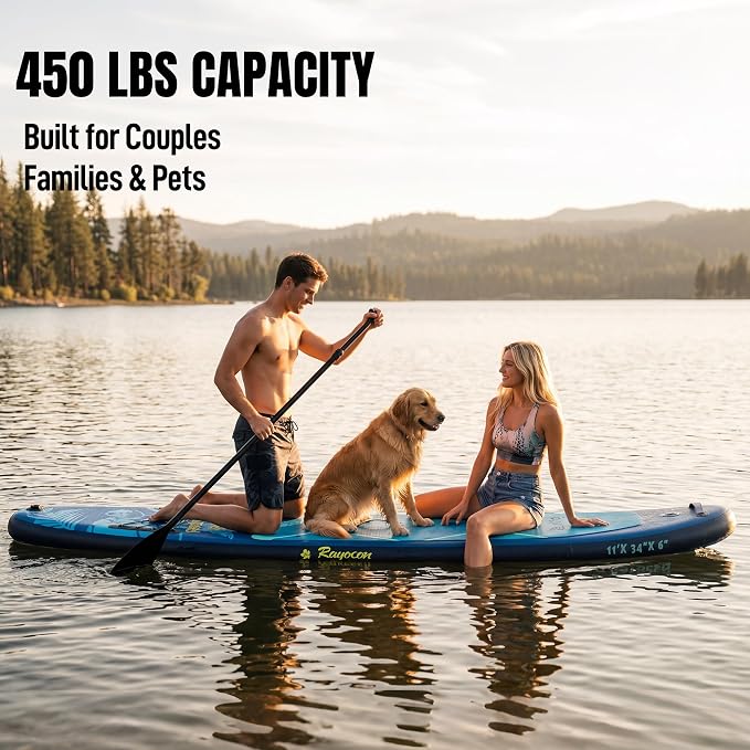 Inflatable Stand Up Paddle Board 11'×34" Extra Wide SUP, Ultra-Stable for Adults & Dog, 450lbs, Dual Chamber Pump, Fiberglass Paddle, Military Grade Dual Layer