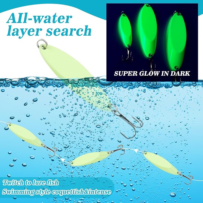 15 Pcs Glow in The Dark Fishing Lures with Treble Hook Jigs 5g/21g/28g Weights Luminous Metal Fishing Spoons Glitter Casting Spinner Baits Spoon for Freshwater Saltwater Bass Trout