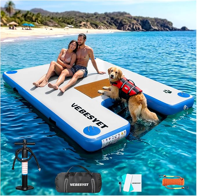 Inflatable Dock with Water Ramp, 6 inch Thick Non-Slip Inflatable Floating Dock for Dogs & Adults, Durable Drop-Stitch Floating Dock Platform for Lake, Ocean, Swimming & Fishing