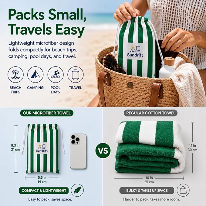 Oversized Microfiber Beach Towel 71x36 Inch, Quick Dry Sand Free Travel Towel, Lightweight Sueded Beach Blanket for Pool, Camping, Yoga & Beach Trips (Green/White)