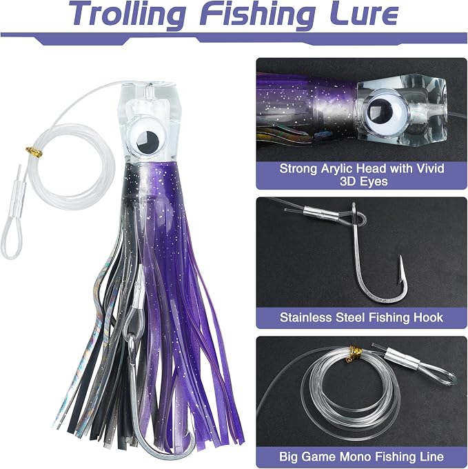 Trolling Lures Saltwater for Tuna Mahi Marlin Wahoo Dolphin Shark Offshore Trolling Baits with Squid Skirt Big Game Fishing Lures Deep Sea Squid Skirts Rig 6/9 inch