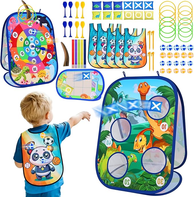 AOSITE Toddler Bean Bag Toss Game for Kids 3-8, 7-in-1 Outdoor Cornhole Board Set with Ring Toss, Sticky Balls Darts, Backyard Lawn Party Games, Birthday for Boys Girls with Storage Bag