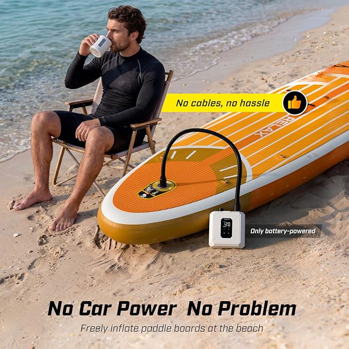TOPUMP Electric Paddle Board Pump Portable, 20PSI Cordless Rechargeable SUP Pump with Auto-Off, Fast Dual-Stage Inflation & Deflation, 7 Nozzles for Kayaks, Boats, Tents